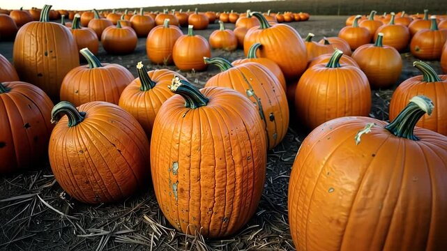 Fields of pumpkins growing under sunlight in autumn harvest season  