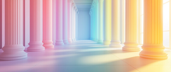 Classical columns bathed in soft pastel light 