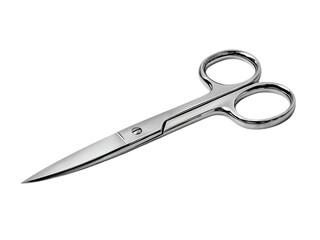 A close up shot of a pair of stainless steel manicure scissors on a plain white or transparent background in studio light