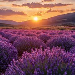 Fototapeta premium Lavender Field Under a Golden Sunset in Scenic Landscape