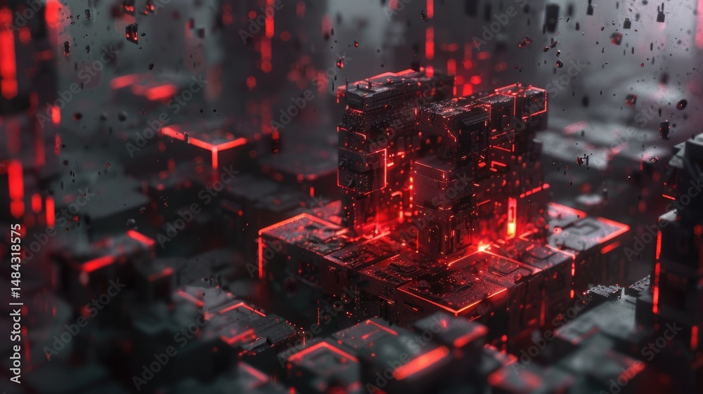 Poster abstract glowing cube structure in sci-fi landscape at sunset. digital artwork of 3d rendering of cu