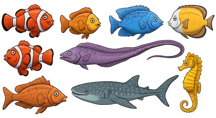Colorful Cartoon Collection of Diverse Ocean Fish