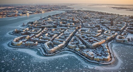 Winter aerial vista of Helsinki showcases snow-dusted buildings and frozen sea