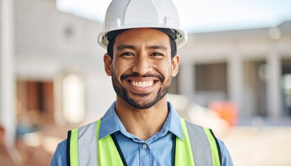 Smiling construction worker wearing hard hat and safety vest at construction site