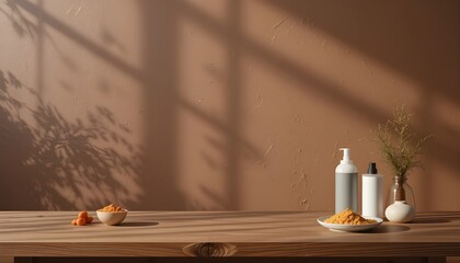 Empty Table on Brown Background with Natural Shadows on Wall for Branding Product Mockup Presentation Food and Health Care Designs








