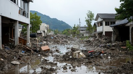 Disaster recovery efforts flooded town photography urban environment ground level community resilience