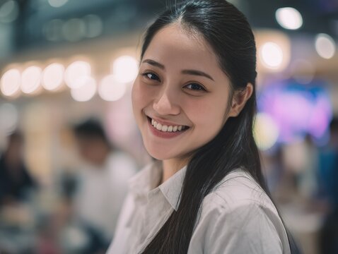 Young beautiful woman in white shirt smiling at camera in indoor shopping mall. Shallow depth of field from wide aperture lens highlights confident expression and vitality in soft focal composition.