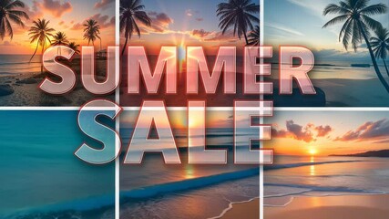 Summer sale advertisement with tropical beach sunset background  
