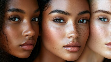 Fototapeta premium Three women with different skin tones and hair colors standing close together in a studio setting.