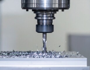 A close-up of a milling machine cutting metal, with shavings scattered on the surface, showcasing precise industrial machining