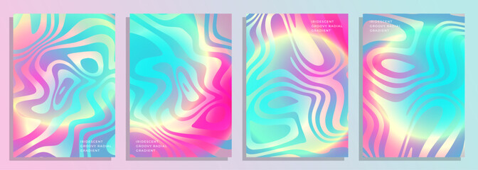 colorful abstract iridescent cosmic groovy pattern radial gradient cover poster background design set