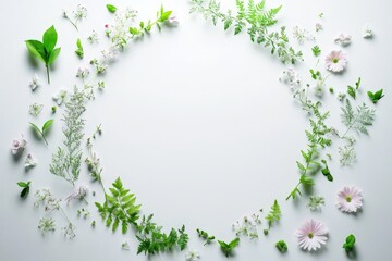 Fototapeta premium Circular arrangement of small flowers and greenery on a light background.