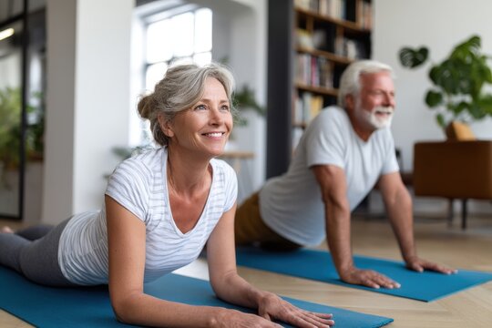 Senior couple practicing yoga indoors, smiling.