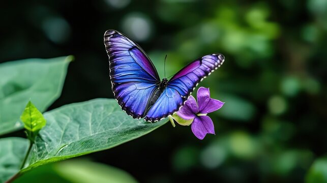 Vibrant wildlife photography butterfly pollinating purple flower in a tropical garden close-up