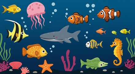 Naklejka premium Whimsical Underwater Scene with Colorful Fish, Shark, Jellyfish, and Seahorse