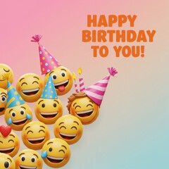 Fototapeta premium Happy Birthday Emojis Celebration: 3D Rendered Smiley Faces with Party Hats and Cakes