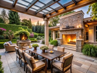 Fototapeta premium Minimalist Luxury Terrace: Stone Fireplace, Pergola, Landscaping Design