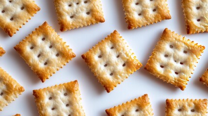 Crisp and Crunchy Snack Crackers Arranged in a Neat Pattern on a White Background for Gourmet Culinary Concepts
