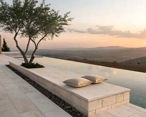infinity pool with green tree and minimalist horizon