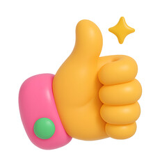 3D thumbs up hand gesture icon in glossy cartoon style on transparent PNG, perfect for approval or positive feedback
