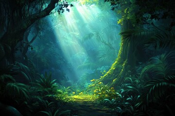 Obraz premium Sunlight streams through a dense, lush forest with vibrant green vegetation