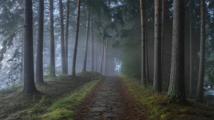 Fototapeta premium Ethereal Pathway Through a Hazy Pine Forest Sanctuary at Dawn