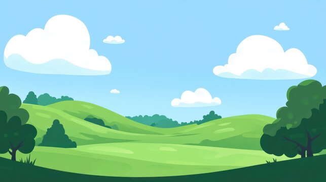 Gentle rolling hills, lush green landscape, bright sky, fluffy clouds