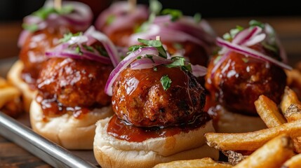 Delicious BBQ Chicken Meatball Sliders with Crispy French Fries