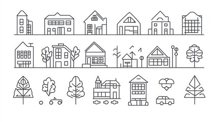 Simple line art illustration of a city street scene with various buildings and trees