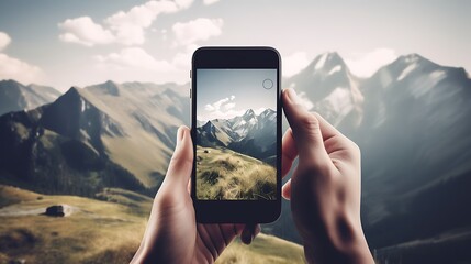 Person taking mountain photo with smartphone.