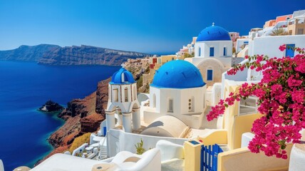 Iconic Santorini Blue Domes Overlooking the Caldera with Bougainvillea