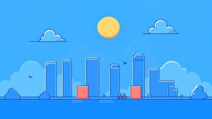Fototapeta premium Stylized city skyline with minimalist design featuring sun, clouds, and tall buildings
