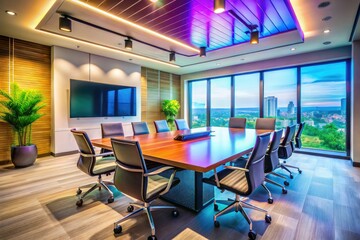 Modern Conference Room Design: Meeting Room, Large Table, Comfortable Chairs, Audiovisual Equipment