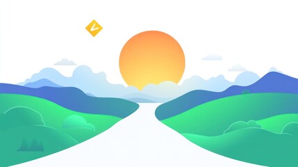 Fototapeta premium A serene landscape with a bright sun over rolling green hills and mountain ranges