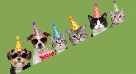 Adorable Pets Birthday Party Celebration: Dogs and Cats Wearing Party Hats with Cake