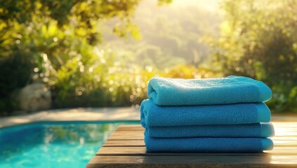 Serene Poolside Relaxation: Stack of Blue Towels by the Pool