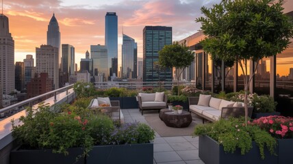 Fototapeta premium Luxurious Rooftop Garden Terrace Offering Serene Cityscape Views at Golden Hour