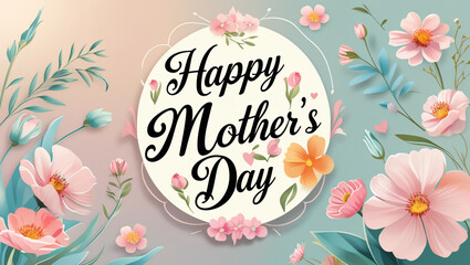 Artistic Mother's Day Design with Watercolor Style Pink Flowers and Leaves