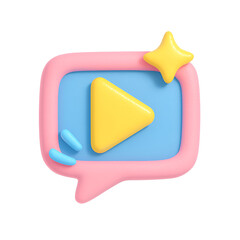 3D chat bubble with play button and sparkle in cartoon style, multimedia communication icon png
