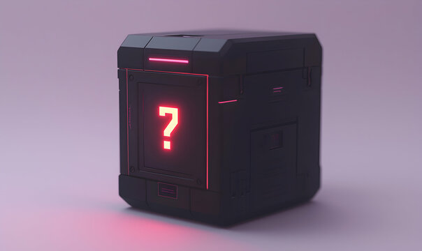 Futuristic mystery box with glowing question mark, set against a soft gradient background, evoking curiosity and intrigue
