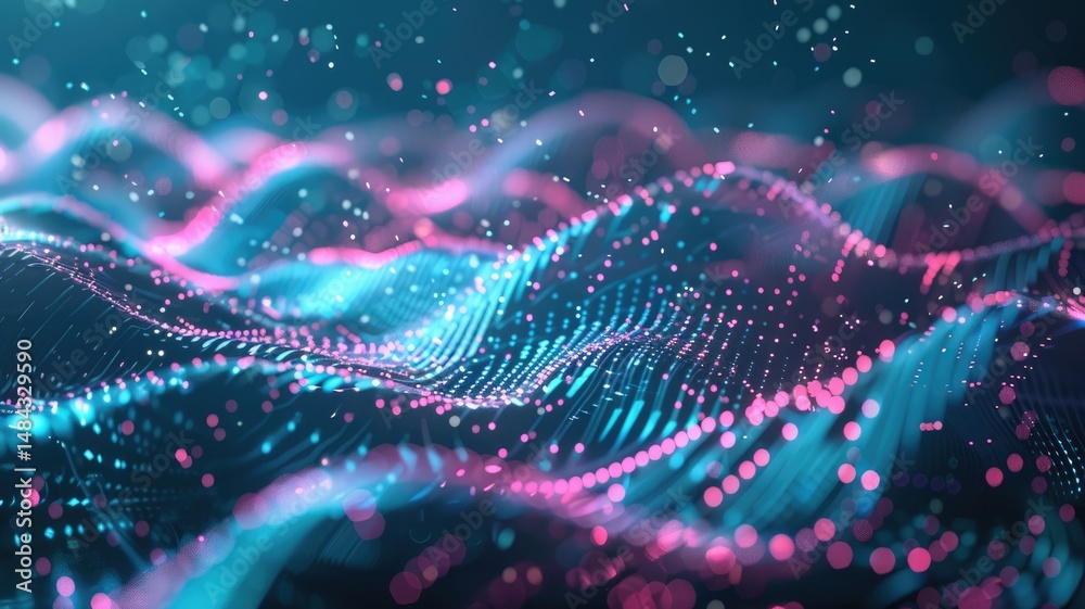 Poster abstract picture micro light sparkling particle represent data flow vivid flowing wave with high tec