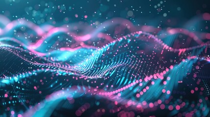 Obraz premium Abstract picture micro light sparkling particle represent data flow vivid flowing wave with high tech background, create digital effect scene perfect for energetic and fantasy wallpaper design. AIG53.