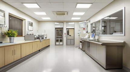 An empty and brightly lit veterinary clinic examination room features stainless steel countertops, cabinets, and equipment arranged for animal healthcare services.