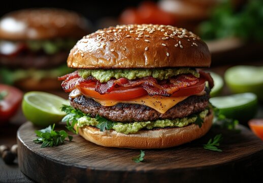 Delicious gourmet burger with crispy bacon, fresh tomato, creamy avocado spread, and melted cheese on a toasted sesame bun