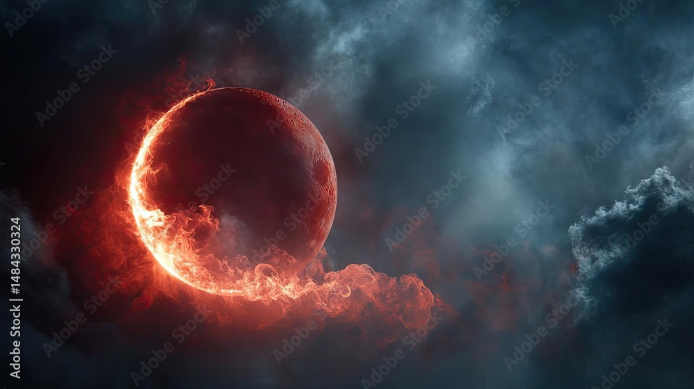 Poster Red moon behind black clouds with abstract fire and smoke concept. A surreal eclipse with fiery clouds against a dark sky.