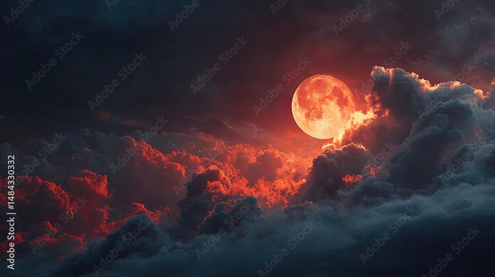 Poster red moon behind black clouds at night with abstract fire concept. a breathtaking view of a blood-red