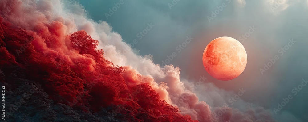 Poster red moon behind black clouds at night with abstract fire concept. a stunning view of a red moon illu