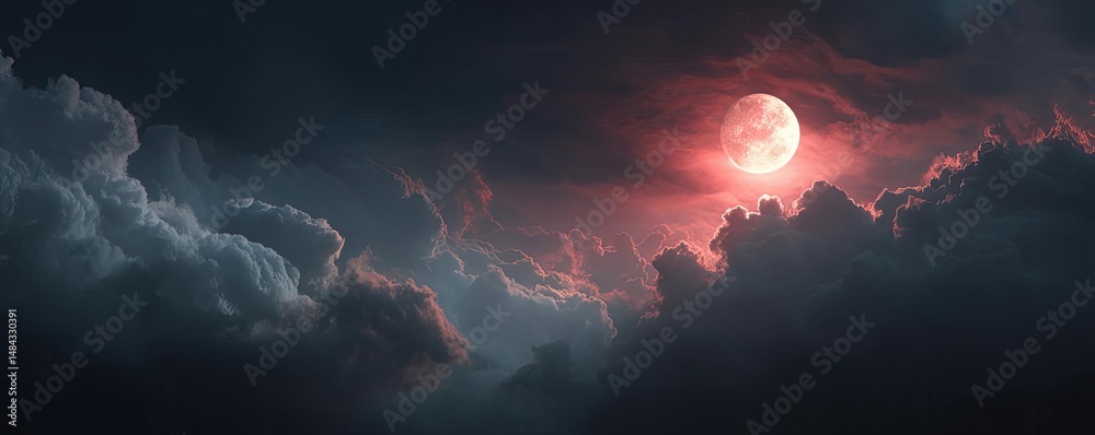 Poster Red moon behind black clouds in dark abstract sky concept. A captivating night sky featuring a moon surrounded by clouds.