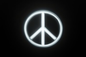 Bright white neon peace sign glowing against a solid black backdrop.
