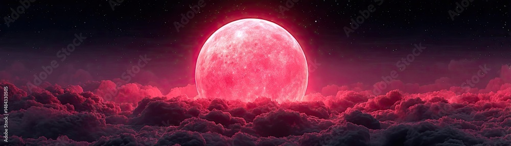Aufkleber red moon behind black clouds with abstract fire and smoke concept. a striking pink moon illuminating